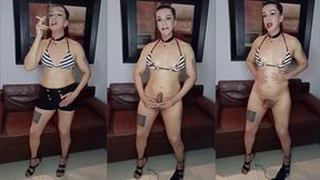 trans girl strokes her cock while smoking