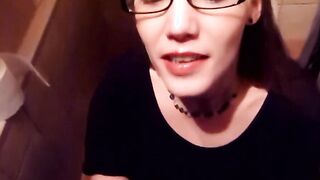 Nerdy librarian with glasses loves to swallow piss