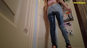 meeting miss mia outside bathroom wetting her jeans