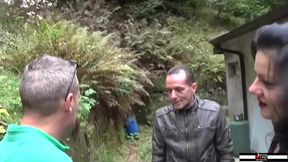 Brunette Milf Enjoys Outdoor Threesome with Two Partners