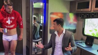 Interrupting his online interview and giving a blowjob