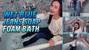 Wet Blue Skinny Jeans Soap Foam Play in the Bathroom - Getting Completely Soaked, Slow Layer-by-Layer Striptease, Pouring Water from Sneakers, Ending in Bra and Panties