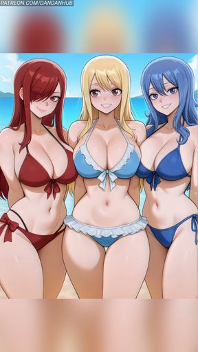 Lucy Erza and Juvia Beach Bikini Bounce - Fairy Tail