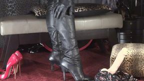 Mistress\' Leather Boots Play with Your Erect Slave Cock