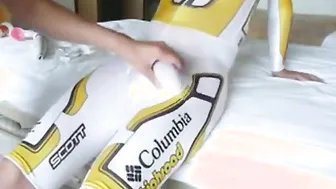 Twink in Cycle Suit Jerks Off Big Cock Solo