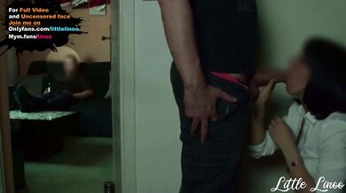Hot French stepmom sucks her boy while he watches TV