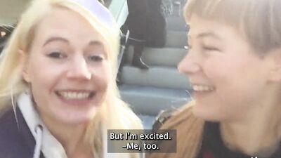 Blonde and MILF are making out and fingering in the train