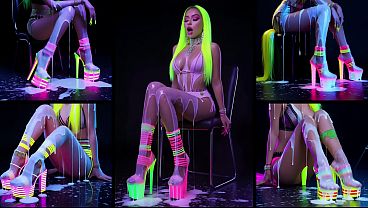 Hot girls show off their high heels and let their feet and entire bodies be covered in cum  Crazy cumshots under neon lights