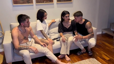 Dp 4some with couples swapping tattooed babes and big cocks