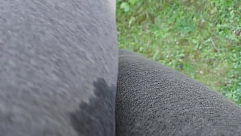 Tight yoga pants wet with pee in the park and on the street