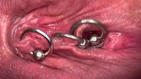 really close up macro my pierced clit and pussy until get very wet and pee go to inside my pussy