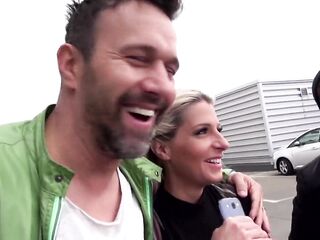 Breathtaking tattooed golden-haired screwed outdoor by a large ebony knob