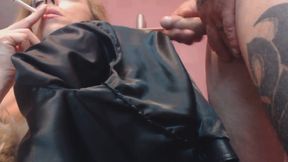 handjob with coat lining, smoking, cum on lining