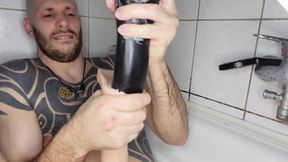 Bald Guy Taking Huge Dildo in the Ass in the Bathroom