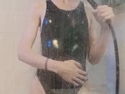 Hot Trans Girl in LATEX BODYSUIT Takes Shower For You