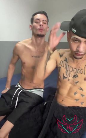 Tattooed Guy Sitting on His Friend's Dick.