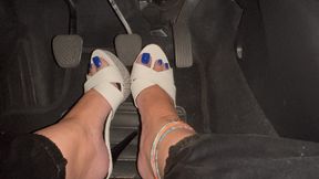 Juliette on a real Pedal Pumping wearing sexy mules - Blue Pedicure Long Toenails - PEDAL PUMPING - DRIVING ON HEELS - REVVING - BLUE PEDICURE - LONG TOENAILS