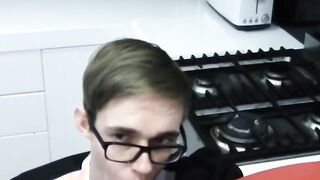 Twink maid with glasses fucked by bald guy in kitchen