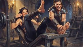 Gym girl in the workout dungeon has her stinky feet tickled by a sadistic kinky bitch watch her writhe about in agony