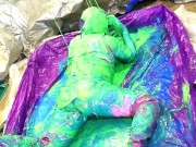 Dirty sluts Sissy fucks herself in the slime bath with a monster dildo