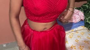 Indian Desi Wife With Red Saree Looking So Very Hot And Tight Pussy