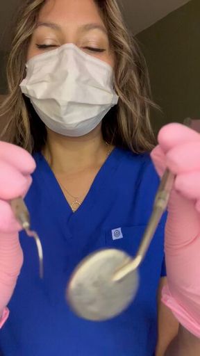 Hygienist Luna is cleaning your teeth and I drop my explorer and notice your boner and offer to let you jerk off to me pleasuring myself!