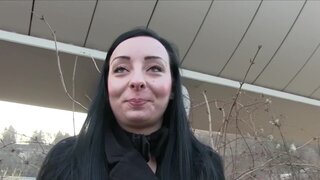 Bad brunette with a bird-like face gets to fuck in public