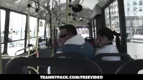 Blue eyed shemale with big tits sucks her lover&#39;s cock in a bus