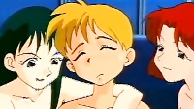 Foursome teen with black hair enjoys a wild hentai gangbang with footjobs, cumshots, and handjobs