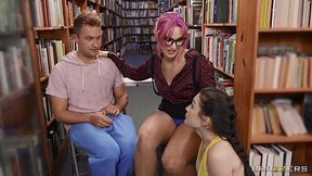 Perv Plump Pink-hair Librarian Tempts a Guy And His Pretty Brunette GF To a Hot FFM 3-some
