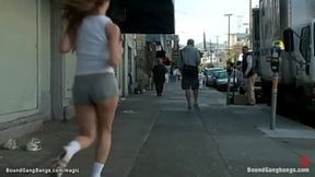 Bound Amy Brooke Devours Interracial Gang Bang & Double Penetration