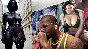 long hard cock transgender ebony girl cumming in public, ai generated
