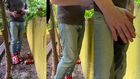 guy is desperate to pee, tries to hold it and to hide from his friend, but wets his pants