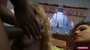 Interracial 3some fuck with brunette Asian babe and slutty blonde