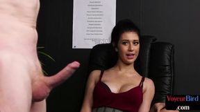 Corporate female nympho mistress dominates male office slave with her demanding gaze while he cums on her