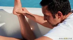 Amazing babe in bikini sucks and fucks Keiran's schlong