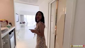JohnTronX - Thai amateur in a flowery dress gets a hard white cock in POV