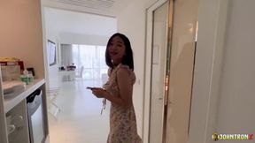 JohnTronX - Thai amateur in a flowery dress gets a hard white cock in POV