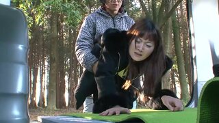 Old Japanese lady fucks hard dick while in the woods
