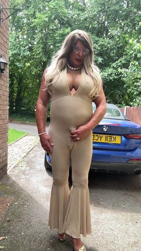Sexy Crossdresser Kellycd2022 in Gold Stretchy Catsuit and Heels