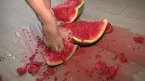 Busty MILF Presents Her Feet and Plays with a Watermelon