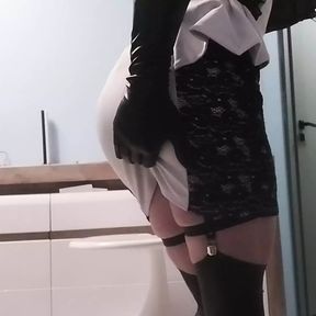 Sissy hides a big secret in her ass pussy under a tight dress in sexy stockings