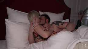 Busty blonde student gives sloppy wet blowjob and rides cock