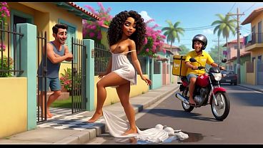 Curly Slim Brazilian Woman Gets Naked For Motoboy And Kisses Him On Sofa (AI generated)
