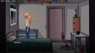 The landlord seduces Jenny and touches her breasts and ass. Hentai Game