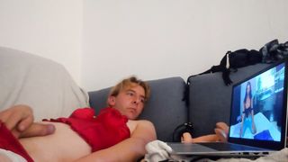 Leatransteen cums in condom while watching porn