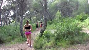 Girl in the woods waiting anxiously for her partner's sperm