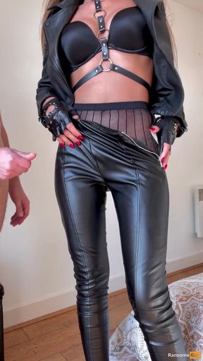 Adeline Murphy receives a cumshot on her leather ass after a fuck in biker outfit