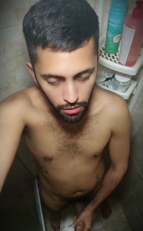 Quick jerkoff in the shower with lots of thick, creamy cum falling onto your face