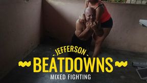 This woman beats the man soundly in a mixed-gender match (T)
